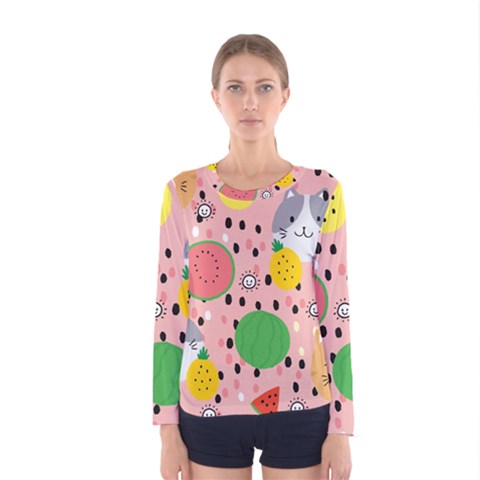 Cats And Fruits  Women s Long Sleeve Tee by Sobalvarro