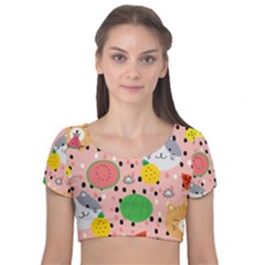 Cats And Fruits  Velvet Short Sleeve Crop Top  by Sobalvarro