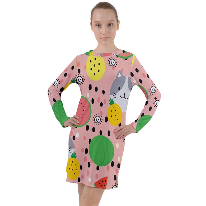 Cats and fruits  Long Sleeve Hoodie Dress