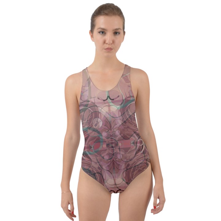 Tea Rose Pink and Brown Abstract Art Color Cut-Out Back One Piece Swimsuit