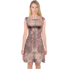 Tea Rose Pink And Brown Abstract Art Color Capsleeve Midi Dress by SpinnyChairDesigns