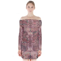 Tea Rose Pink And Brown Abstract Art Color Long Sleeve Off Shoulder Dress by SpinnyChairDesigns