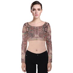 Tea Rose Pink And Brown Abstract Art Color Velvet Long Sleeve Crop Top by SpinnyChairDesigns