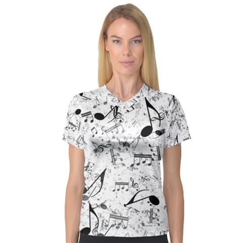 Black And White Music Notes V-neck Sport Mesh Tee by SpinnyChairDesigns