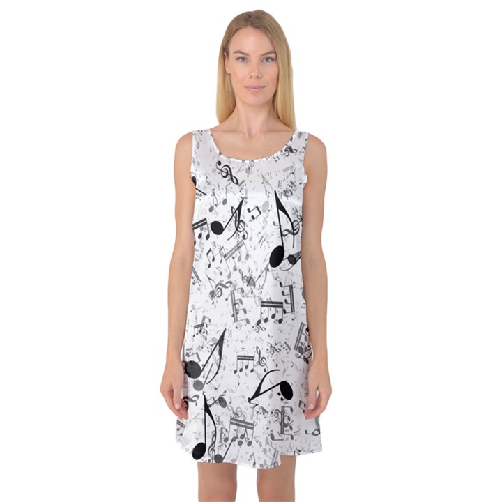 Black and White Music Notes Sleeveless Satin Nightdress