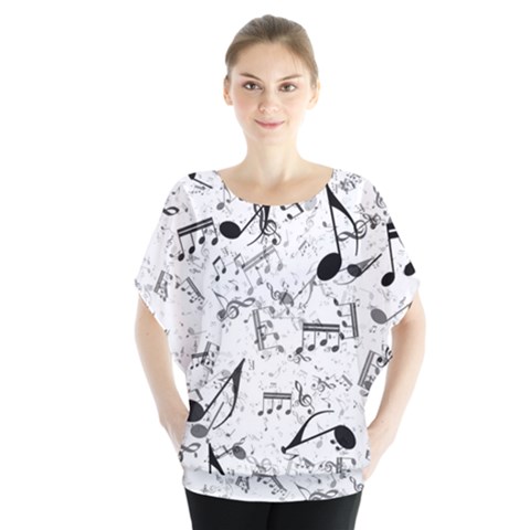 Black And White Music Notes Batwing Chiffon Blouse by SpinnyChairDesigns