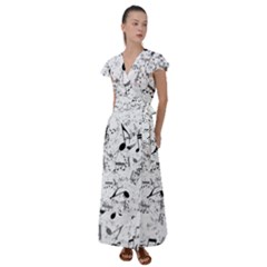 Black And White Music Notes Flutter Sleeve Maxi Dress