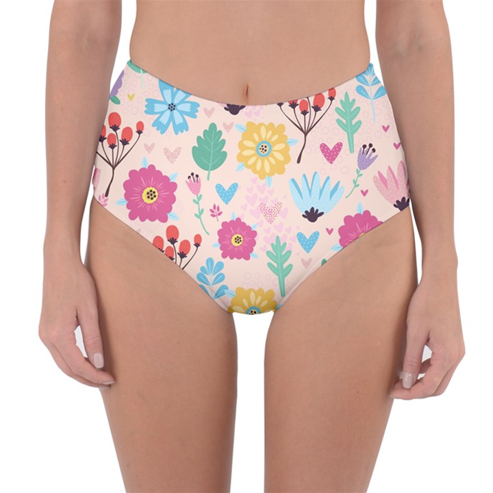 Tekstura-fon-tsvety-berries-flowers-pattern-seamless Reversible High-Waist Bikini Bottoms