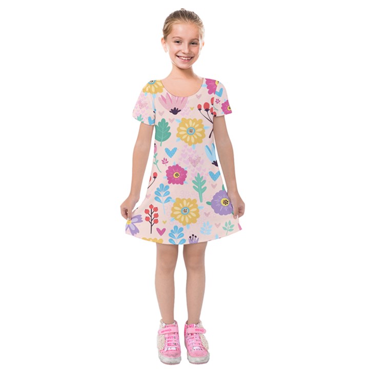 Tekstura-fon-tsvety-berries-flowers-pattern-seamless Kids  Short Sleeve Velvet Dress