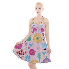 Tekstura-fon-tsvety-berries-flowers-pattern-seamless Halter Party Swing Dress  by Sobalvarro