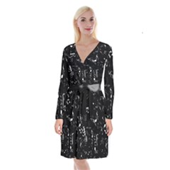 Black And White Music Notes Long Sleeve Velvet Front Wrap Dress