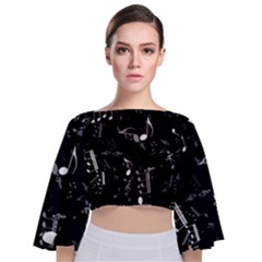 Black And White Music Notes Tie Back Butterfly Sleeve Chiffon Top