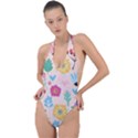 Tekstura-fon-tsvety-berries-flowers-pattern-seamless Backless Halter One Piece Swimsuit View1