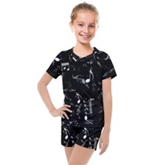 Black And White Music Notes Kids  Mesh Tee And Shorts Set