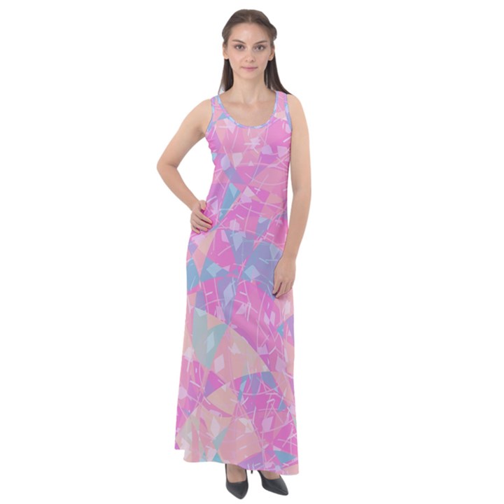 Pink Blue Peach Color Mosaic Sleeveless Velour Maxi Dress