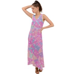 Pink Blue Peach Color Mosaic V-neck Chiffon Maxi Dress by SpinnyChairDesigns