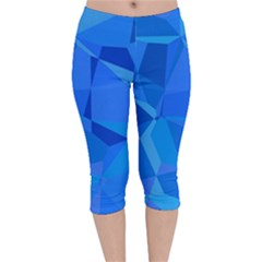 Electric Blue Geometric Pattern Velvet Capri Leggings  by SpinnyChairDesigns