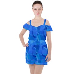 Electric Blue Geometric Pattern Ruffle Cut Out Chiffon Playsuit by SpinnyChairDesigns