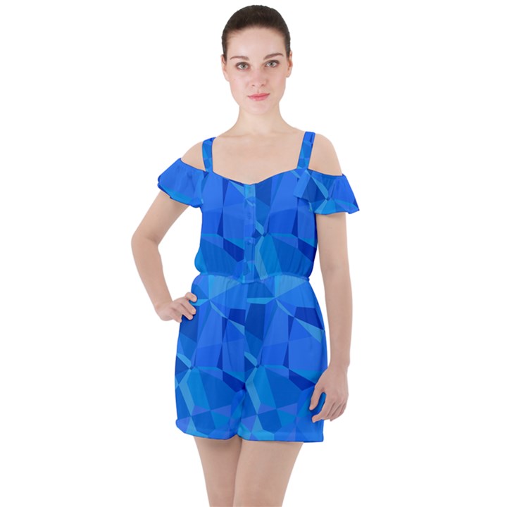 Electric Blue Geometric Pattern Ruffle Cut Out Chiffon Playsuit