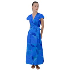 Electric Blue Geometric Pattern Flutter Sleeve Maxi Dress by SpinnyChairDesigns