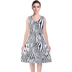 Zebra Print Stripes V-neck Midi Sleeveless Dress  by SpinnyChairDesigns