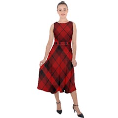 Red And Black Plaid Stripes Midi Tie-back Chiffon Dress by SpinnyChairDesigns