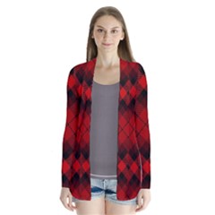 Red And Black Plaid Stripes Drape Collar Cardigan by SpinnyChairDesigns