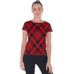 Red And Black Plaid Stripes Short Sleeve Sports Top  by SpinnyChairDesigns