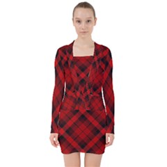 Red And Black Plaid Stripes V-neck Bodycon Long Sleeve Dress by SpinnyChairDesigns