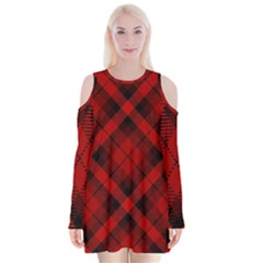 Red And Black Plaid Stripes Velvet Long Sleeve Shoulder Cutout Dress by SpinnyChairDesigns