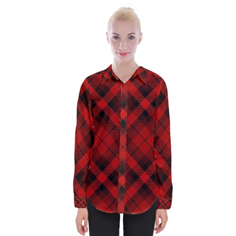 Red And Black Plaid Stripes Womens Long Sleeve Shirt by SpinnyChairDesigns