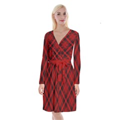 Red And Black Plaid Stripes Long Sleeve Velvet Front Wrap Dress by SpinnyChairDesigns