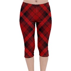 Red And Black Plaid Stripes Velvet Capri Leggings  by SpinnyChairDesigns