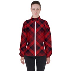 Red And Black Plaid Stripes Women s High Neck Windbreaker by SpinnyChairDesigns