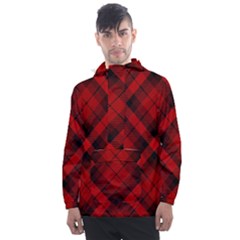 Red And Black Plaid Stripes Men s Front Pocket Pullover Windbreaker by SpinnyChairDesigns