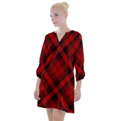 Red And Black Plaid Stripes Open Neck Shift Dress