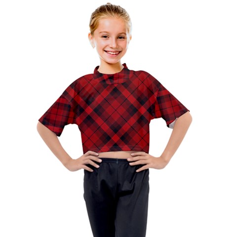 Red And Black Plaid Stripes Kids Mock Neck Tee by SpinnyChairDesigns