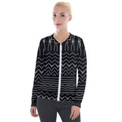 Black And White Minimalist Stripes  Velour Zip Up Jacket by SpinnyChairDesigns