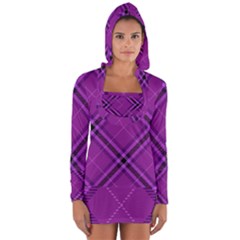 Purple And Black Plaid Long Sleeve Hooded T-shirt by SpinnyChairDesigns