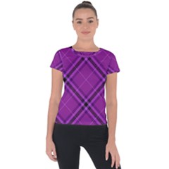 Purple And Black Plaid Short Sleeve Sports Top  by SpinnyChairDesigns