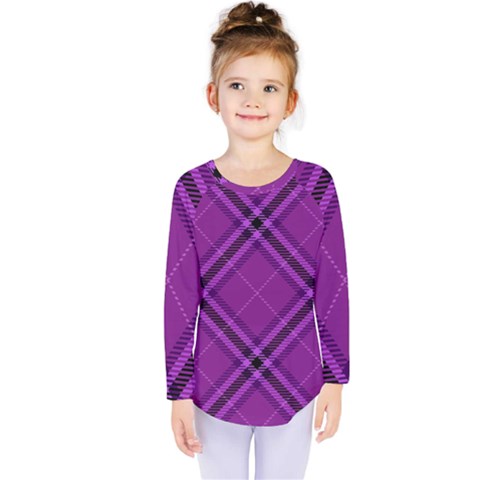 Purple And Black Plaid Kids  Long Sleeve Tee by SpinnyChairDesigns