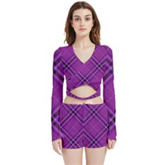 Purple And Black Plaid Velvet Wrap Crop Top