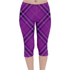 Purple And Black Plaid Velvet Capri Leggings  by SpinnyChairDesigns