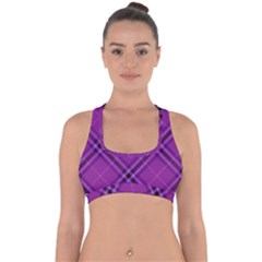 Purple And Black Plaid Cross Back Hipster Bikini Top  by SpinnyChairDesigns