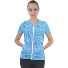 Light Blue Abstract Mosaic Art Color Short Sleeve Zip Up Jacket by SpinnyChairDesigns