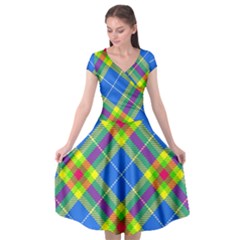 Clown Costume Plaid Striped Cap Sleeve Wrap Front Dress by SpinnyChairDesigns