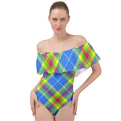 Clown Costume Plaid Striped Off Shoulder Velour Bodysuit  by SpinnyChairDesigns