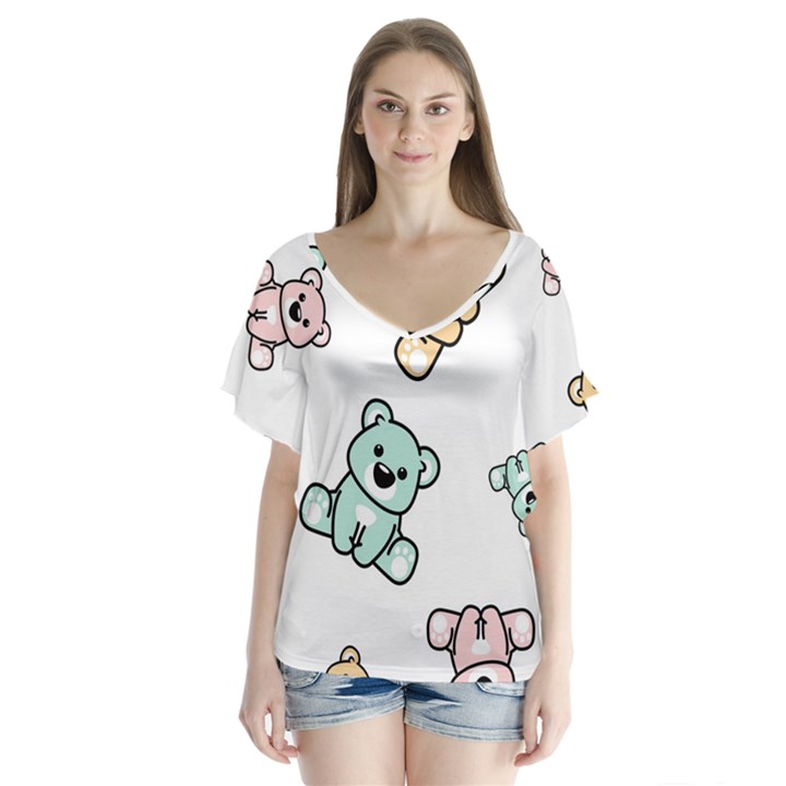 Bears V-Neck Flutter Sleeve Top