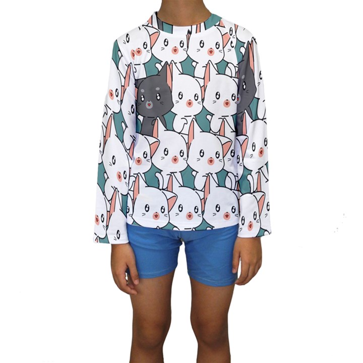 Seamless-cute-cat-pattern-vector Kids  Long Sleeve Swimwear