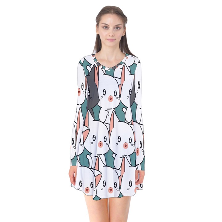 Seamless-cute-cat-pattern-vector Long Sleeve V-neck Flare Dress